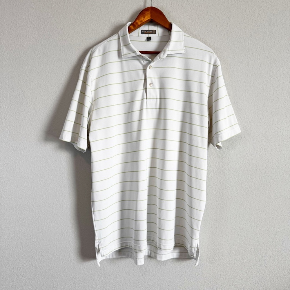 Peter Millar Men's White Green Striped Summer Comfort Short Sleeve Golf Polo L